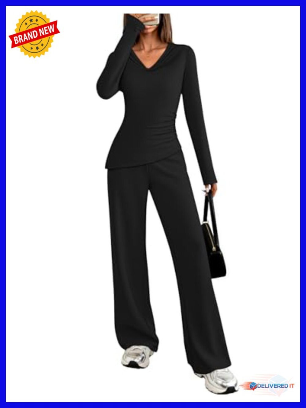 Women's Lounge Set 2 Piece Matching Outfit Long Sleeve V Neck Top Wide Leg Pants - Picture 1 of 6